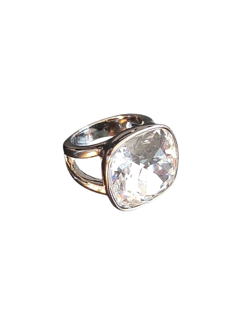 Touchstone Crystal Silver-Tone Ring with Large Clear Cushion Stone ~ new In box